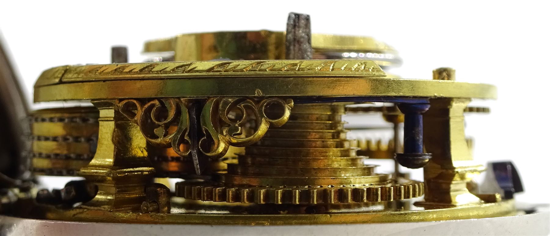 18th century silver pair cased verge fusee pocket watch by Alexander Hare (London ca.1781-1824), No. 200, square baluster pillars, pierced and engraved balance cock, white enamel dial with Roman hours and outer Arabic minute ring, beetle and poker hands, case makers mark G H, London 1770, with a fabric watchpaper embroidered with map of Europe