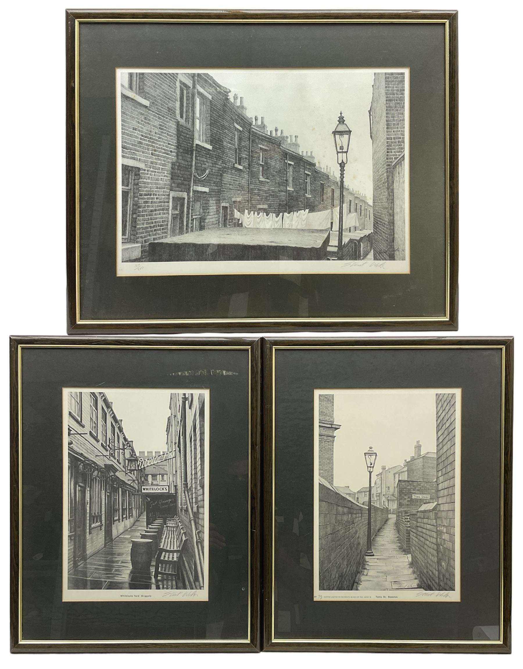 Stuart Walton (Northern British 1933-): 'Tunis Street Beeston' 'Whitelocks Yard Briggate' and Washing Line, set three limited edition prints signed in pencil max 30cm x 46cm (3)