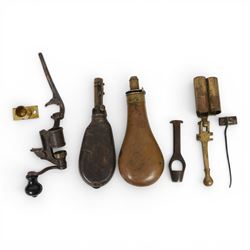 12-bore brass cartridge reloading tool, together with  12-bore turnover tool, copper powder flask etc 