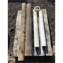 Pair of white marble cylindrical columns (L89cm) together with a near pair of York stone cylindrical columns (L130cm) - COLLECTION BY APPOINTMENT FROM: The White House, Thirsk Road, Easingwold, York, YO61 3NF - CALL 01723 507111 TO ARRANGE