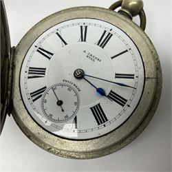 White metal pocket watch, the enamel dial with Roman numerals and blued-steel hands, inscribed R Jacobs Hull, Swiss Made, with subsidiary second dial, the inner cover verso impressed Pure White Metal Swiss