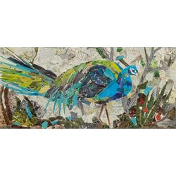 Penny Wicks (British 1949-): 'Pondering Peacock', mixed media collage signed, titled on label verso 21cm x 46cm