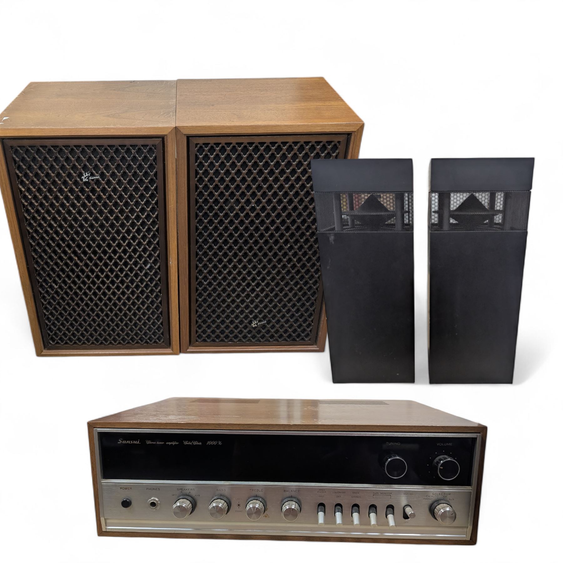 Sansui stereo tuner amplifier 1000X, pair of Sansui SP-2002 speakers and a pair of Hitachi SS-W50 omnidirectional speakers