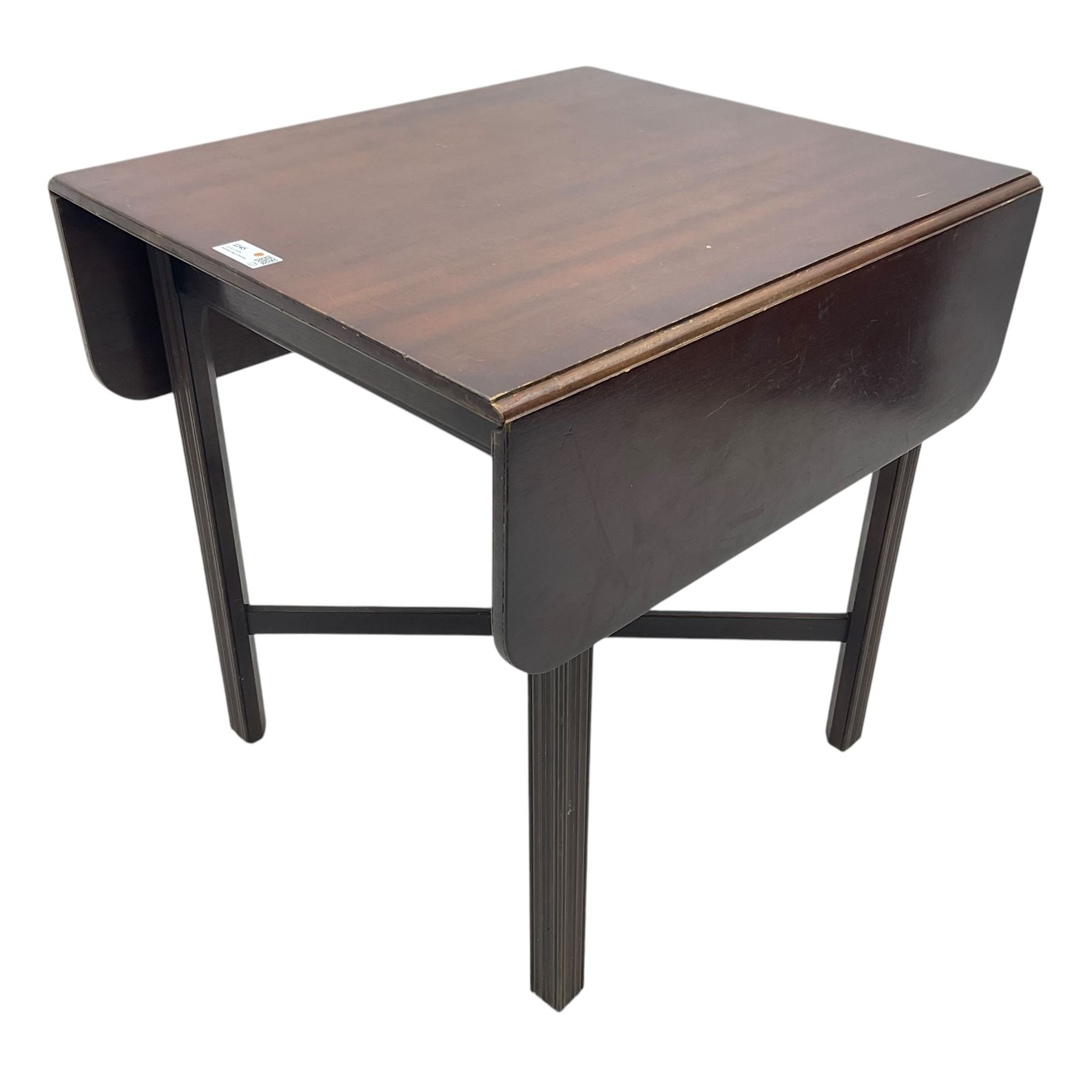 19th century mahogany drop-leaf occasional table, rectangular top with two drop leaves, raised on fluted supports united by X-stretcher