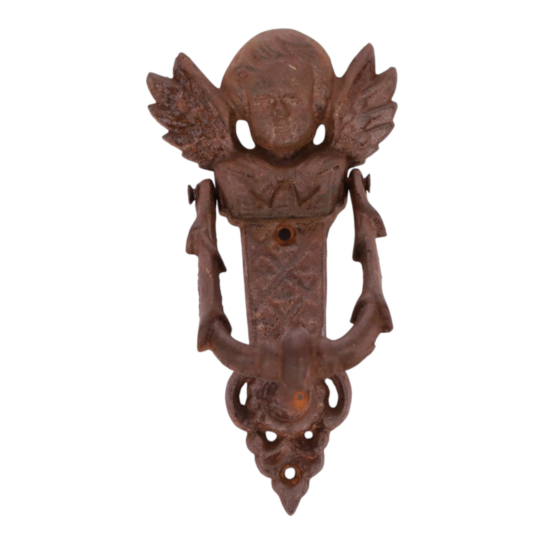 Cast Iron door knockers, surmounted with a chrub, H20cm 