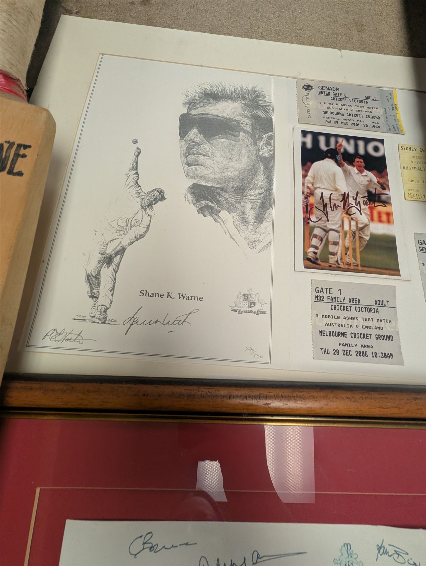 Collection of signed International cricket memorabilia, mostly relating to West Indies, including Curtly Ambrose and Brian Lara prints, Shane Warne and Glen McGrath last test souvenirs, signed Zimbabwe 2003 tour cricket bat, etc