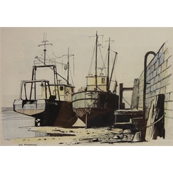  Scarborough Harbour, oil on canvas board signed by Don Micklethwaite (British 1936-) 29cm x 39cm and Fishing Boats by the Harbour Wall, pen ink watercolour and pencil by the same hand17.5cm x 24.5cm (2)  