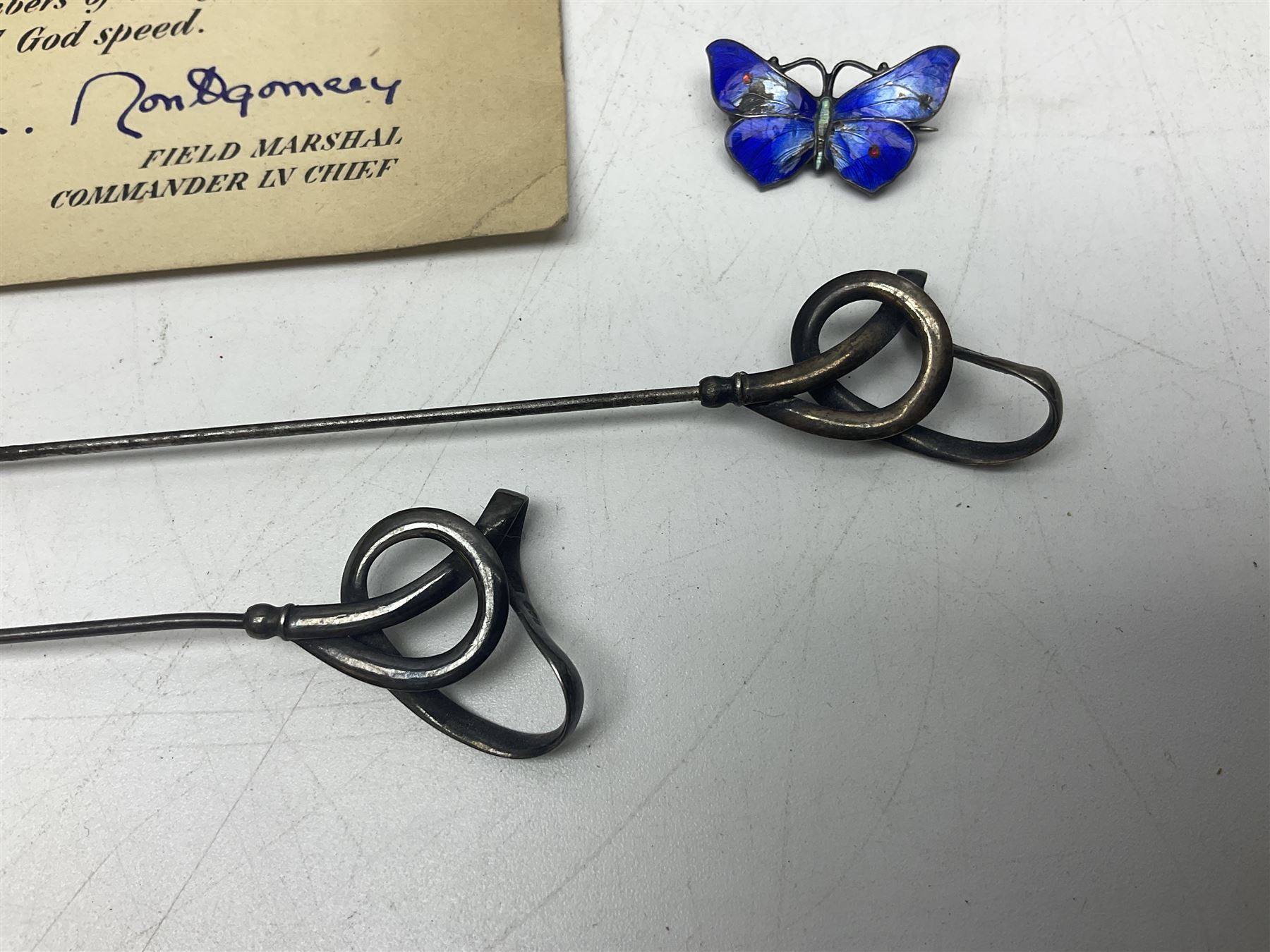 Small quantity of militaria and other items, including Montgomery printed signature, badges, paper ephemera, coins, silver Albertina chain, hat pins, etc