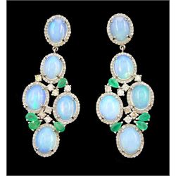 Pair of silver and gold opal, emerald and diamond pendant stud earrings, total opal weight approx 15.30 carat, total emerald weight approx 2.00 carat, total diamond weight approx 2.90 carat