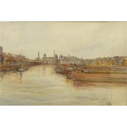  Figures Walking in the Abbey Ruin, 19th century oil on canvas unsigned 24cm x 29cm and  Princess Dock, Hull, watercolour signed and dated 1930 by G M E Winter 23cm x 25cm (2)  