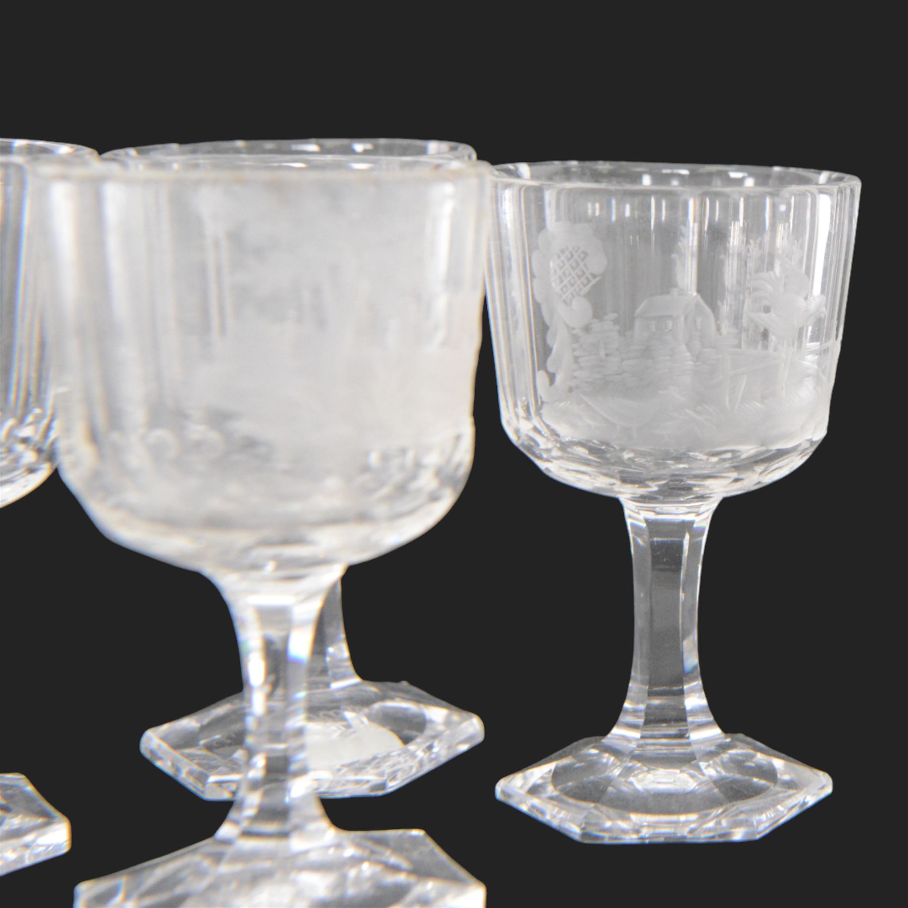Set of four Galle, Nancy, intaglio engraved liqueur glasses, Gallé, Nancy, circa 1880, each with faceted bucket bowl engraved with animals within landscape settings, upon hexagonal stems and hexagonal feet, two examples engraved 'Galle Reinemer a Nancy', one engraved 'Galle a Nancy', and one unsigned, H7cm
