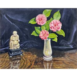 JE Longfield (20th century): Still Life with Buddha, oil on board signed 40cm x 50cm