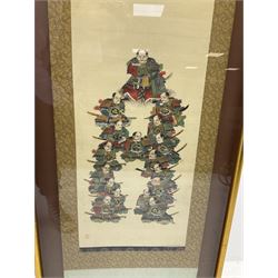 Framed Japanese scroll picture of a group of seated samurai H158cm, W52cm. 