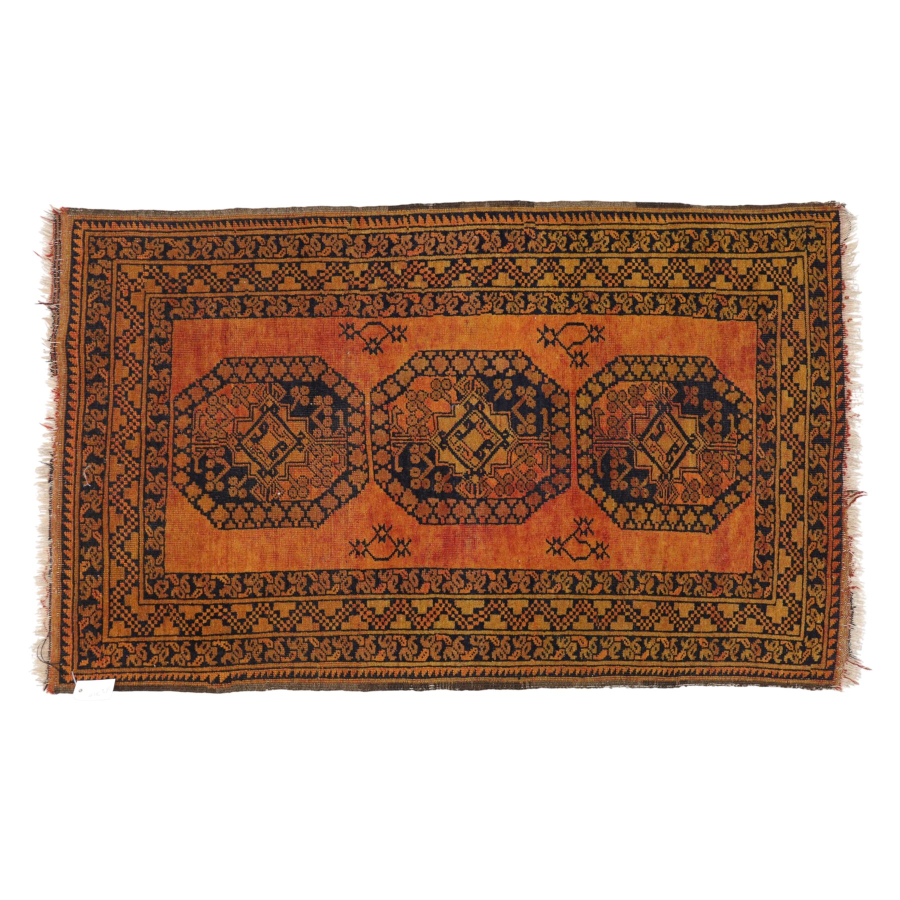 Afghan Ersari hand-knotted rug, apricot field decorated with three large octagonal gul medallions filled with geometric floral motifs, flanked by small tribal devices, end fringe fraying 97x167cm, together with a Baluch prayer rug, decorated with stylized tree motifs arranged in vertical rows beneath a stepped mihrab arch with multiple narrow borders of angular tribal motifs in shades of indigo, brown, and ochre fraying to flatweave ends, 134x84cm, (2)