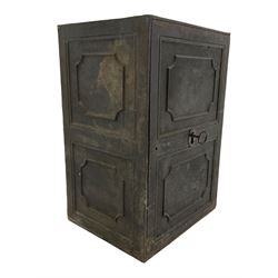 Early 19th century cast iron safe strong box, with key, two internal drawers