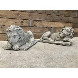 Pair of small recumbent garden lions