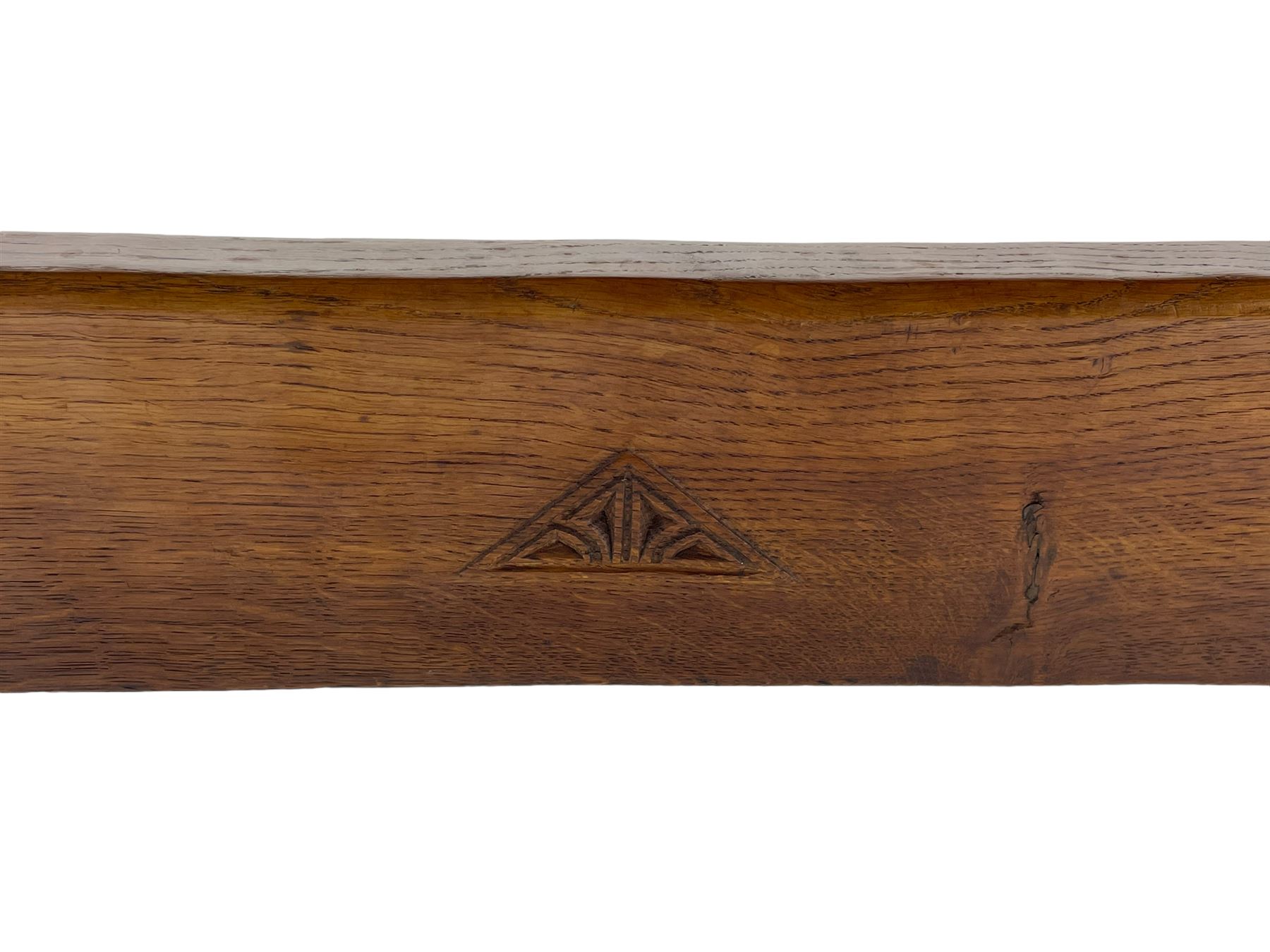 Yorkshire Oak 'Kingpost' - oak dining table, rectangular adzed top on tapered end supports, united by pegged stretchers carved with kingpost signature, on sledge feet, by Robert Ingham, Burton Leonard, Harrogate 