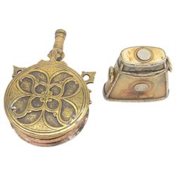 Ottoman Empire, brass and copper powder flask, together with a souvenir horn box, box H8cm