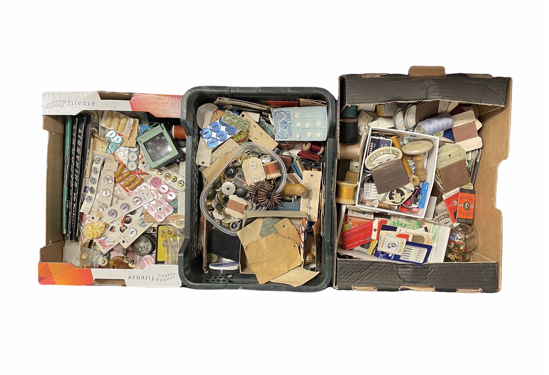 Quantity of sewing accessories to include buttons, cotton reels, Empisal Knitmaster wool winder, scissors, pins, sewing needles and other sewing aids in three boxes