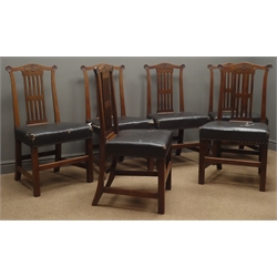  Set of six George III country walnut dining chairs, top rails carved with flower heads and leafage and vase shaped pierced splats, stuffed over seats on square supports joined by H stretchers  