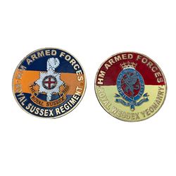 Collection of military shields and cast iron signs, including Royal Wessex Yeomanry, Royal Sussex Regiment etc 