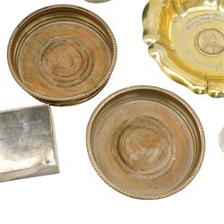 Two silver on copper bottle coasters silver plated cigarette box, silver plated hip flask; trophy bowl with inset medal; small dressing table jar 