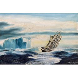 Peter Gerald Baker (British 20th century): 'Dangerous Waters' Ship Nears Iceberg near Cape Horn, oil on canvas signed and dated '77, labelled verso 60cm x 90cm
