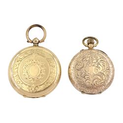 Victorian 14ct gold key wound cylinder fob watch, gilt dial with Roman numerals, stamped 14K and a smaller gold keyless cylinder fob watch, stamped 9ct