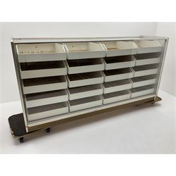 Mid 20th century vintage haberdashery shop display/serving counter, fitted with twenty drawer trays