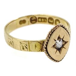 Victorian 15ct gold single stone diamond ring in a marquise setting, with engraved shoulders, maker's mark CW, London 1860