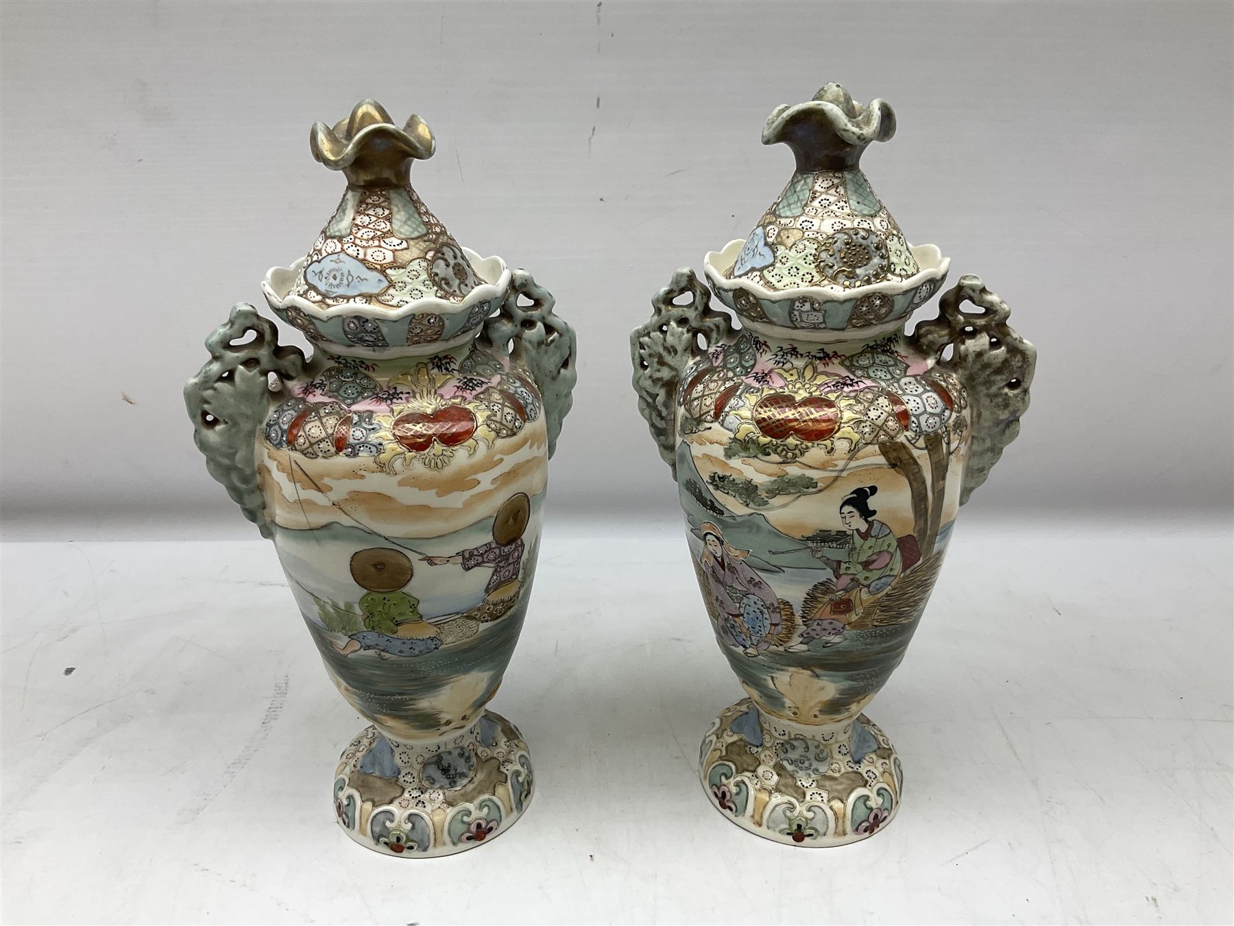 Pair of Royal Nippon Nishki lidded vases, decorated in Oriental style, both with printed marks