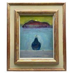 William Selby (Northern British 1933-): 'Blue Pear', mixed media on board signed, titled verso with artist's Brixham address label and Artist's Stock No.1312, 23cm x 18cm