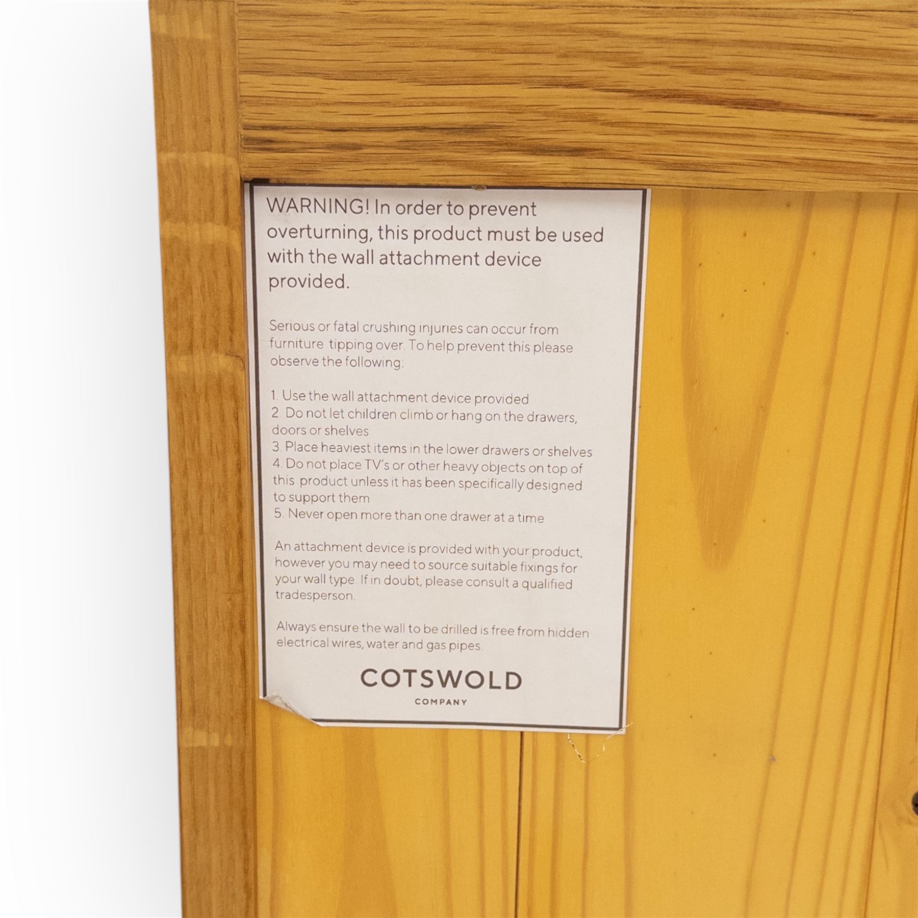 Cotswold & Co - large light oak media stand, rectangular top above central open shelf, double drawer flanked by two panelled cupboard doors, fitted with metal cup and knob handles