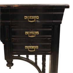 Victorian Aesthetic Movement ebonised writing desk, rectangular top with inset tooled leather, central frieze drawer with pierced spandrels, flanked by two banks of three drawers, brass swing handles, raised on turned supports 