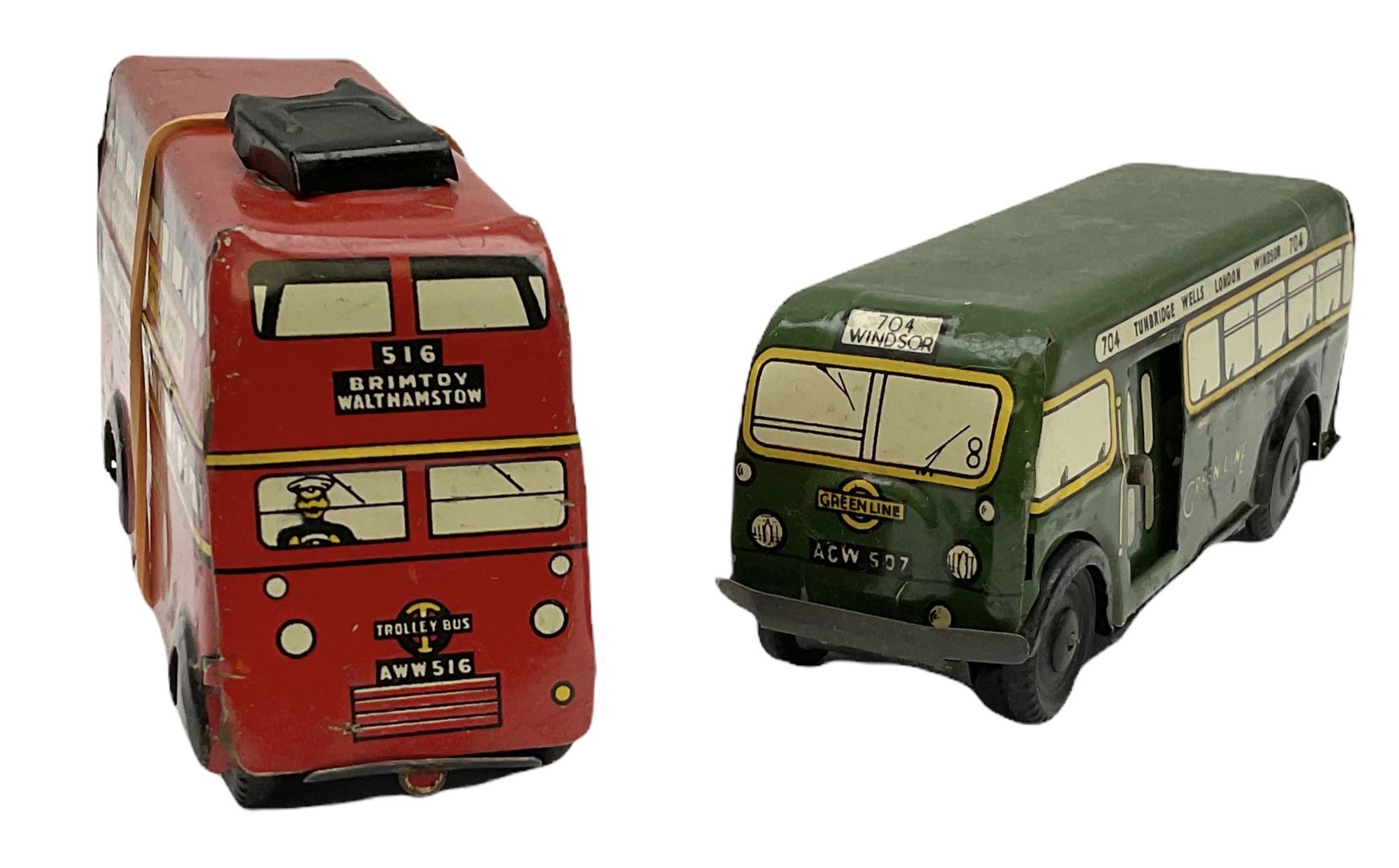 Wells Brimtoy/Pocketoy - seven tin-plate and plastic clockwork or friction-drive  vehicles comprising Milk Tanker, Greenline Coach, Liquid Oxygen Wagon, Side-Tipping Wagon, Snacks Van with drop-down counter, London Trolley Bus and covered wagon; all unboxed (7)