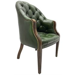 19th century design mahogany framed chesterfield library chair, upholstered in buttoned green leather with studwork, on square tapering supports