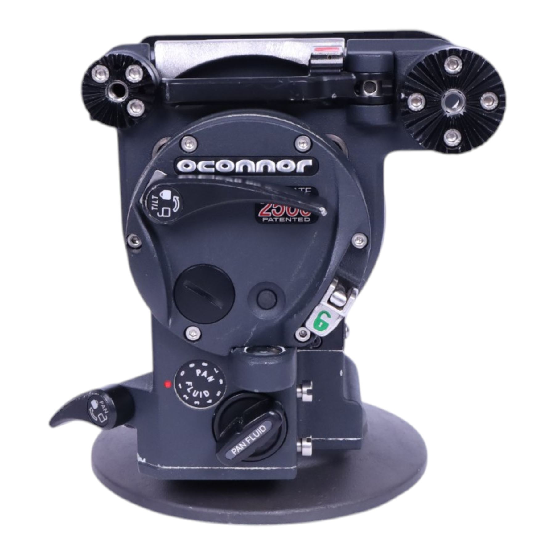 O'Connor 2560 Fluid Head serial no. C1260-2003, with accessories to include pan handle, MOY/Mitchell base plate and tie-down, 150mm bowl adapter and tie-down, quick release base plate and Arri 300mm bottom plate, in custom cut flight case 
