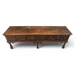 17th century 8’ oak dresser base with moulded front, rectangular top, above four drawers, raised on turned and block support 