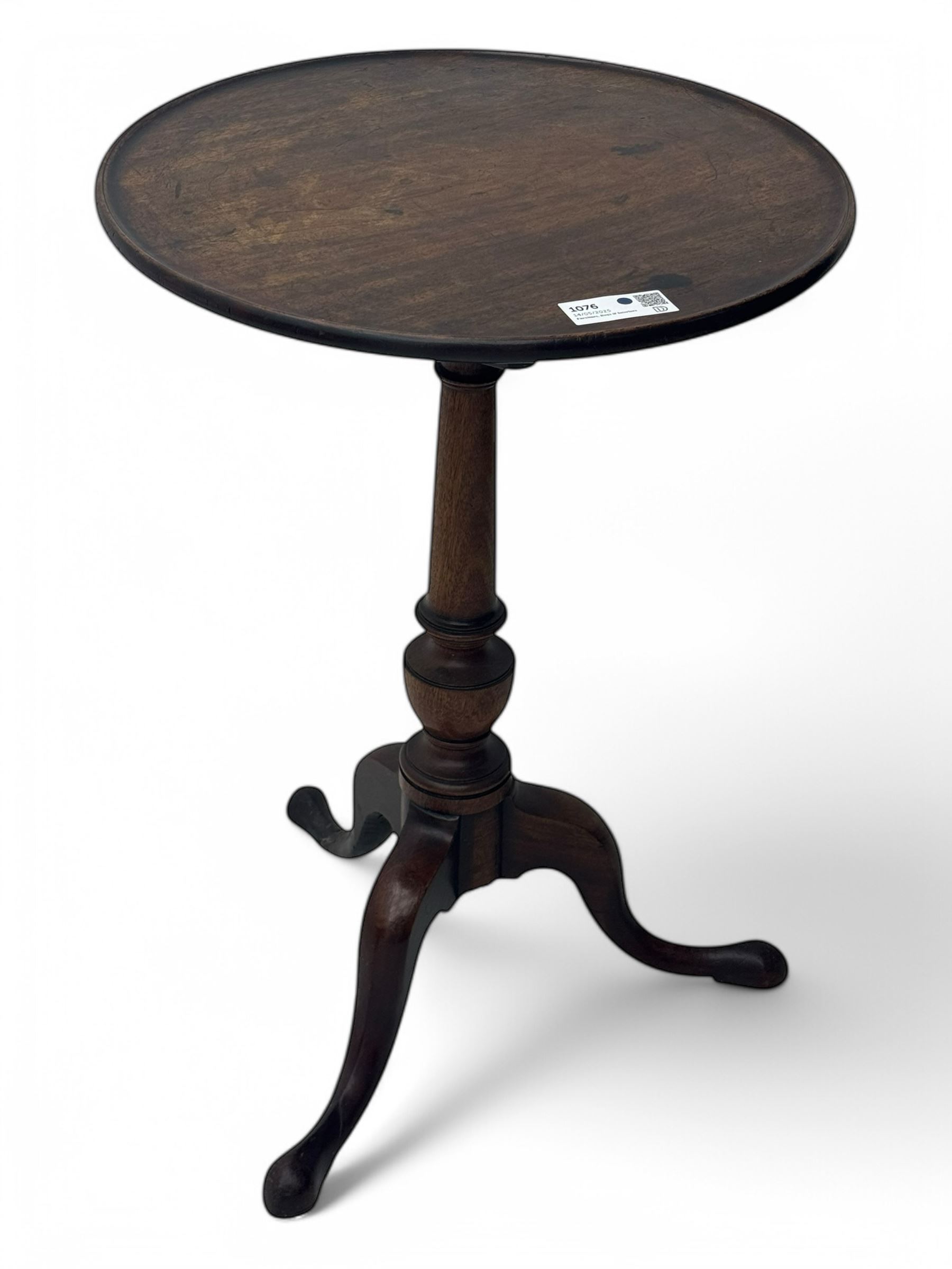 Early 19th century mahogany tripod table, dished top, turned column, cabriole legs on pad feet