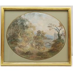 After Thomas Gainsborough (British 1727-1788): Figures in an Idyllic Landscape, oval watercolour unsigned 26cm x 33cm