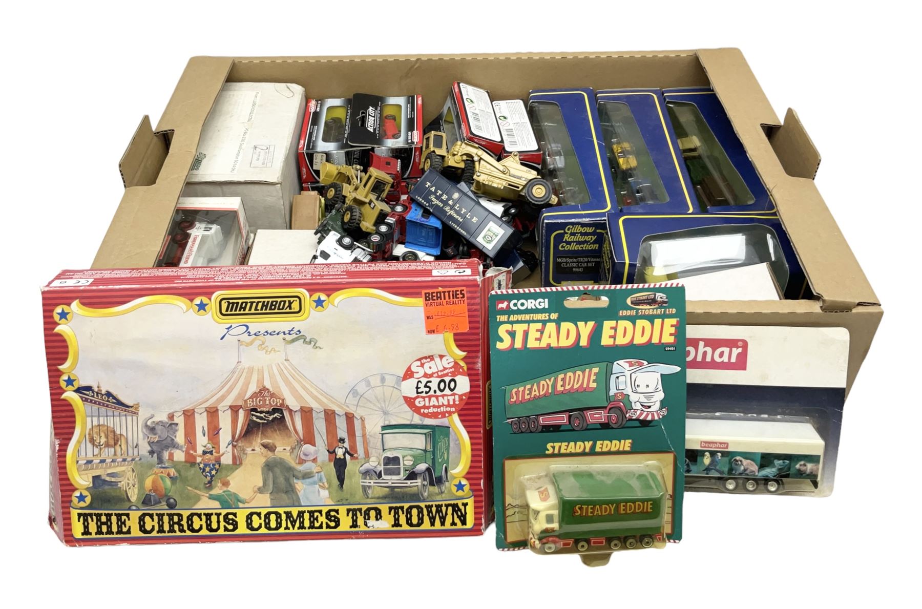 Collection of die-cast models including thirty-three K H Norton vehicles, Action City Fast Wheels, Gilbow Railway Collection, Matchbox Presents 'The Circus Comes to Town', loose models etc in two boxes