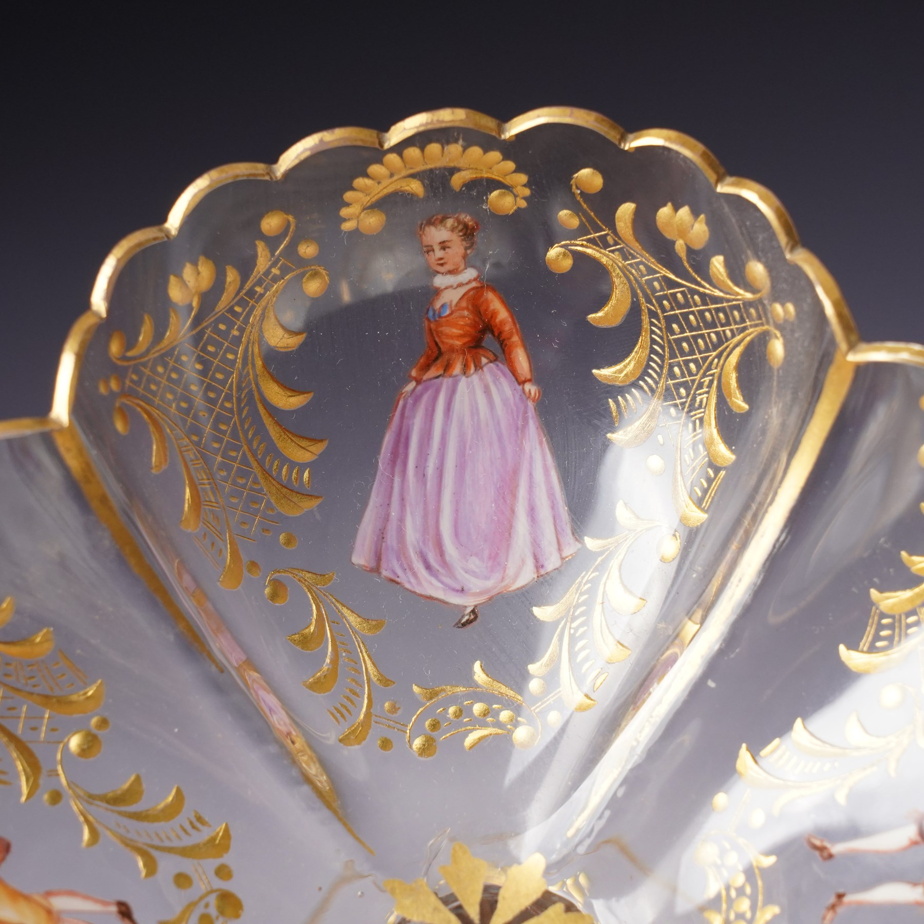 Lobmeyr style tazza, of quatrefoil form with painted enamel figures, H12cm 