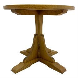 Catman - oak occasional table, circular top on cruciform base, carved with long-necked cat signature, by Chris Checkfield, Whitby