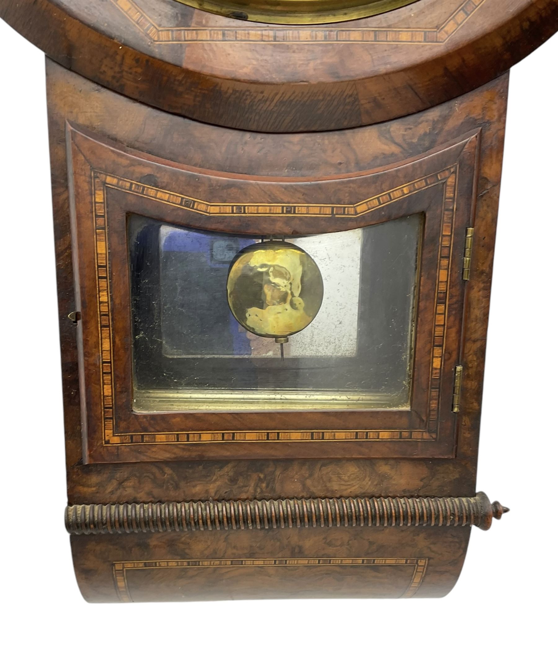 American-19th century 8-day Tunbridgeware ware clock, twin train movement striking the hours on a bell, 12” painted dial with Roman numerals and steel spade hands. With pendulum.