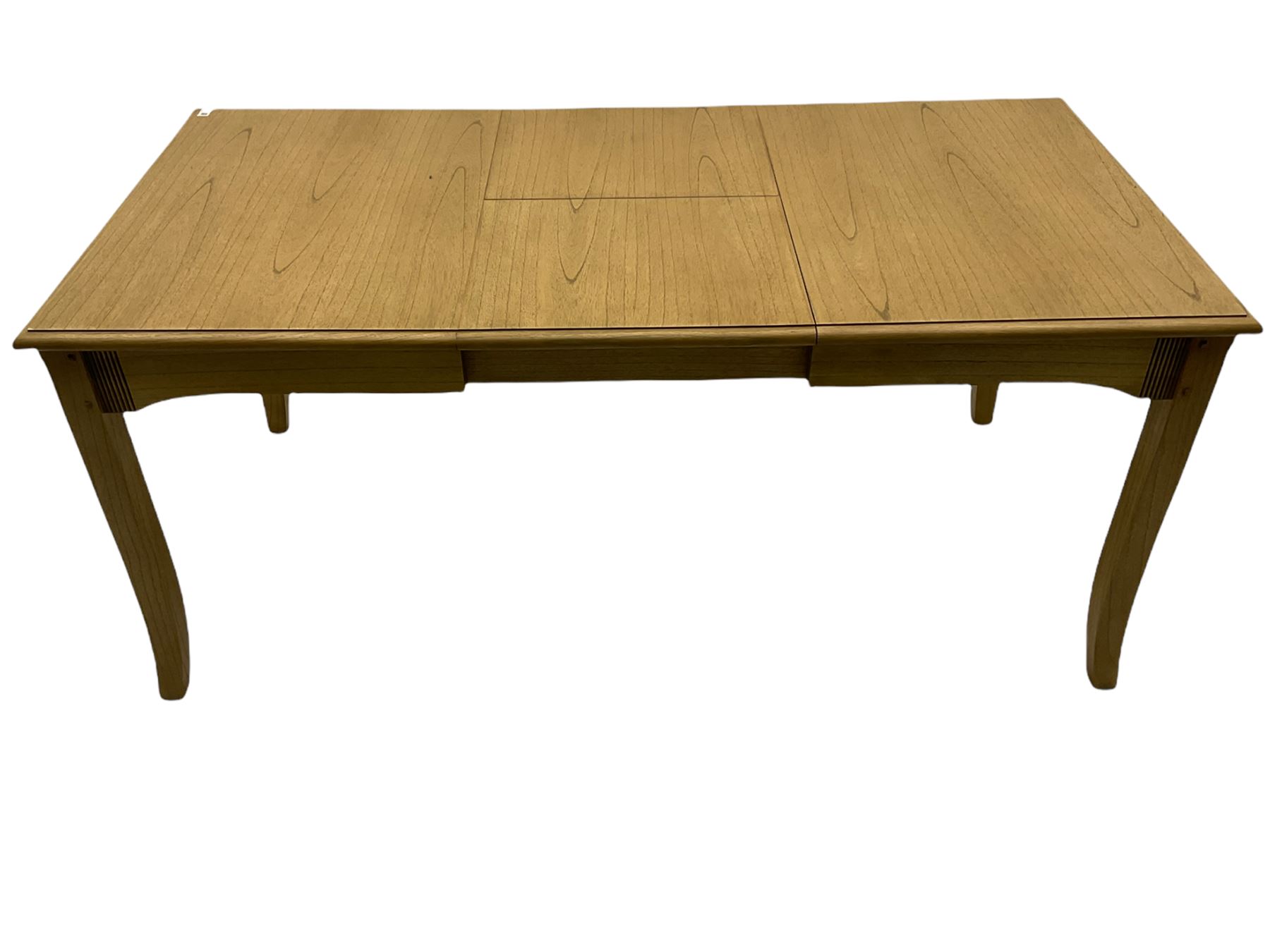 Windsor by Mark Devany oak rectangular extending dining table, with butterfly leaf, and four chairs with upholstered seats and backs