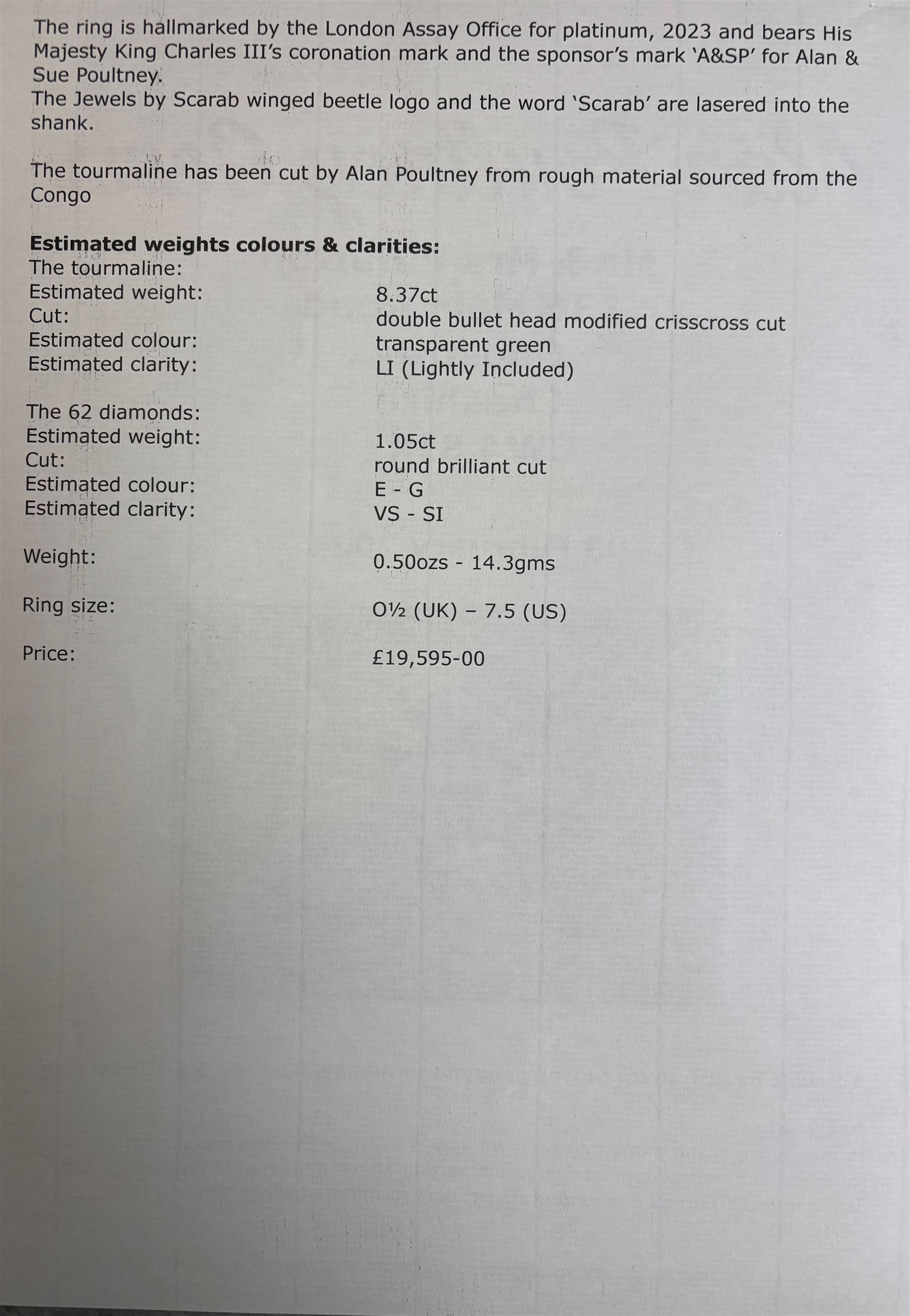 Platinum African Paraiba tourmaline and diamond ring by Scarab London, single fancy double bullet cut tourmaline of approx 8.37 carat, with round brilliant cut diamond surround and diamond set shoulders, London 2023, total diamond weight approx 1.05 carat, with Alan Poultney Gems report