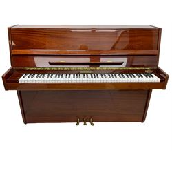 Steinmayer upright series 108 piano in sapele mahogany case, with an overstrung Iron frame and underdamper action, sustain, sostenuto and practise pedal, full compass seven octave 88 note keyboard serial Number 97050003 