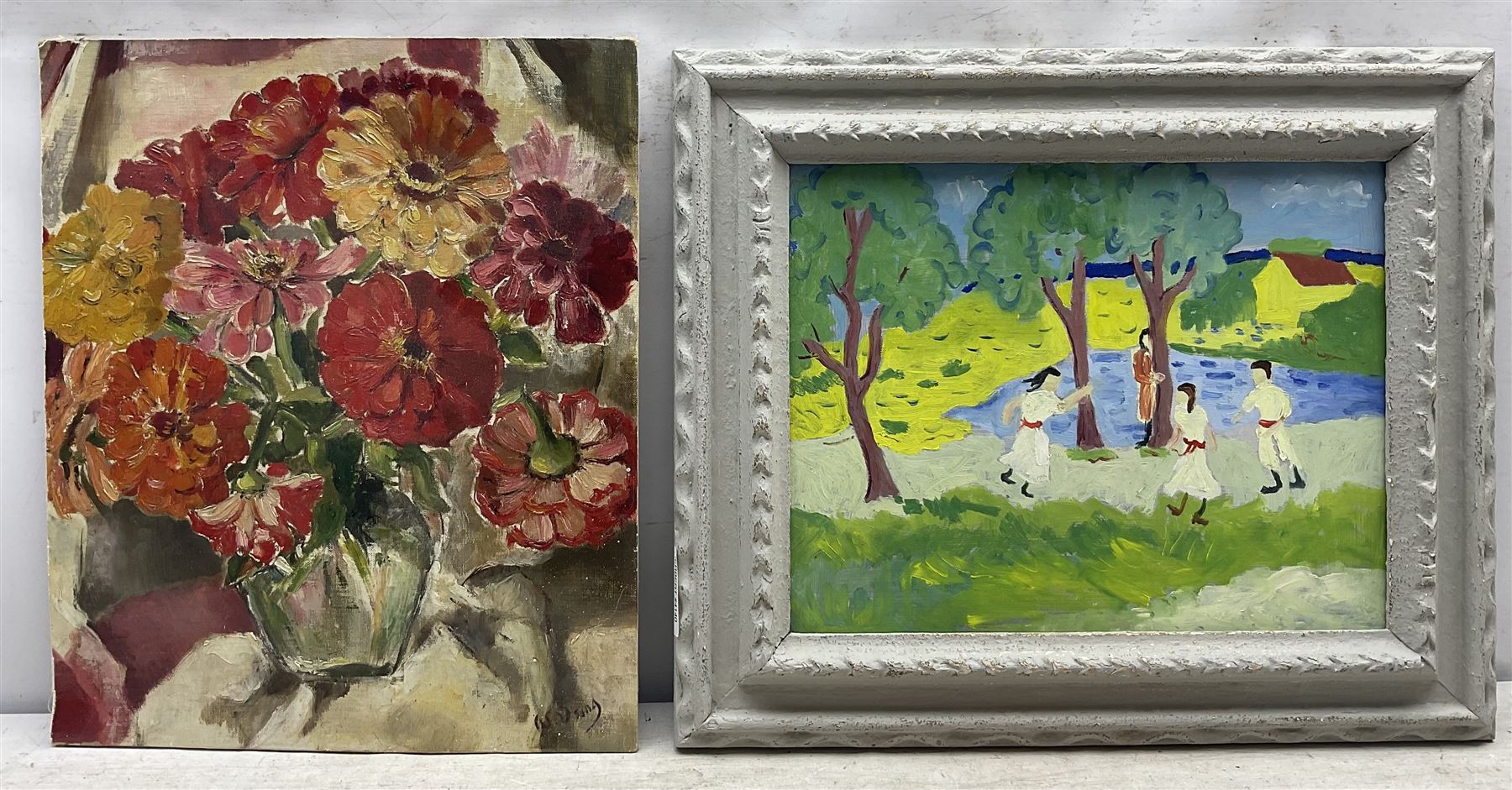 After August Macke (German 1887-1914): Children Dancing Under a Tree, oil on canvas unsigned 29cm x 37cm; English School (20th Century): Flowers in a Vase, oil on canvas board indistinctly signed 44cm x 37cm (one unframed)