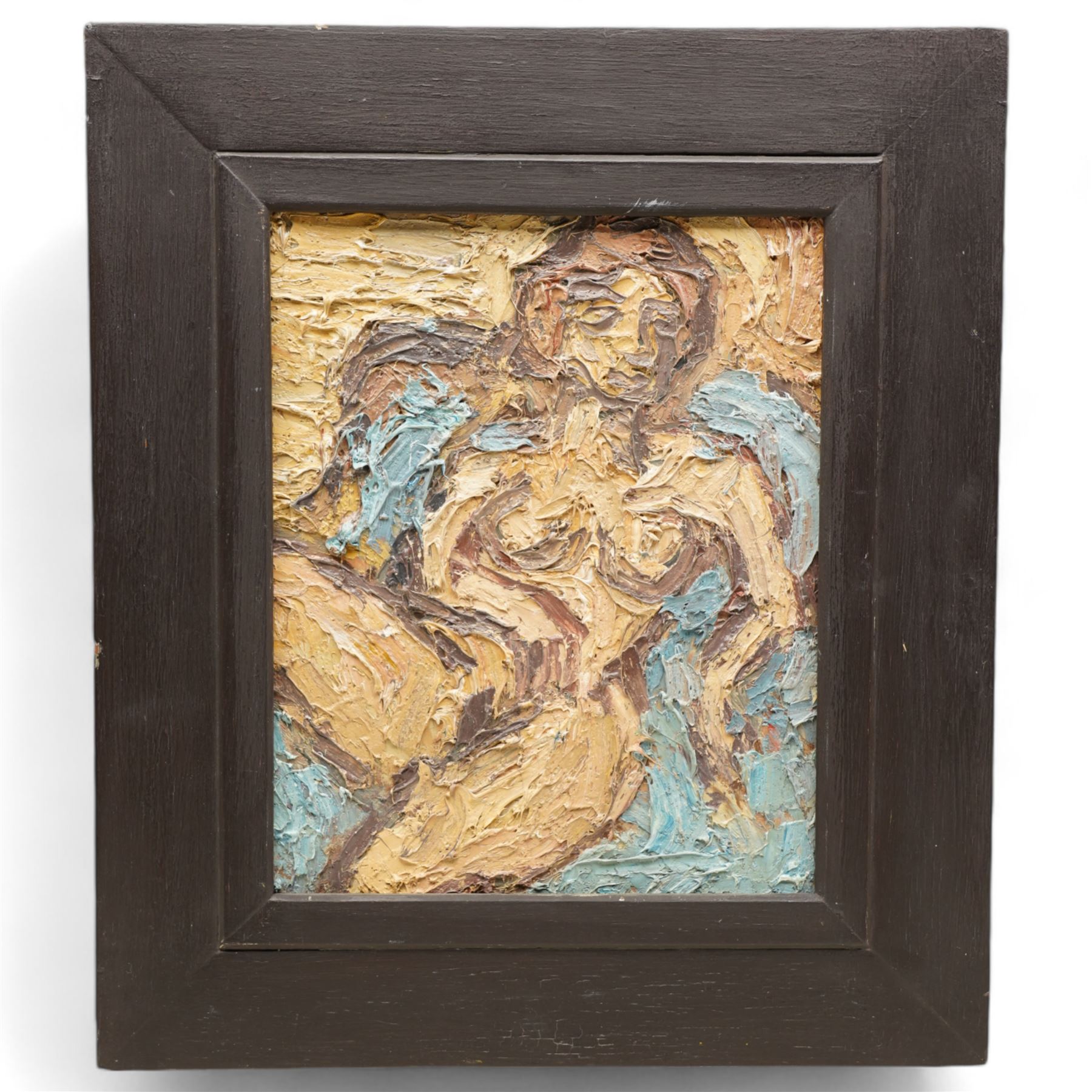 Barry De More (Yorkshire 1948-2023): 'Nude on Blue', oil and impasto on board signed and titled verso 25cm x 20cm
Notes: Acclaimed as one of the North's greatest expressionist artists, Barry De More (1948-2023) used a heavy impasto style to transfer his love of Yorkshire landscapes, townscapes and people to canvas. His work sits comfortably in the company of work by Kossoff and Auerbach, selling to collectors in the UK and overseas. De More's work can be found in the permanent collection of work by Northern Artists at Dean Clough, one of the UK's largest contemporary art galleries.