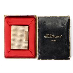 S.T. Dupont - gilt metal pocket lighter, rectangular form with all-over engine-turned diamond decoration and reeded thumbpiece, stamped S.T. Dupont Paris, Made in France, with original fitted box